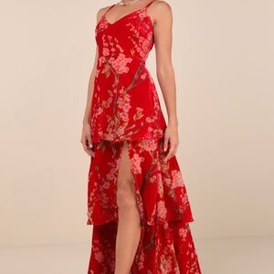 Lulus I Love You Amore Red Floral Velvet Tiered Maxi Dress - Size S